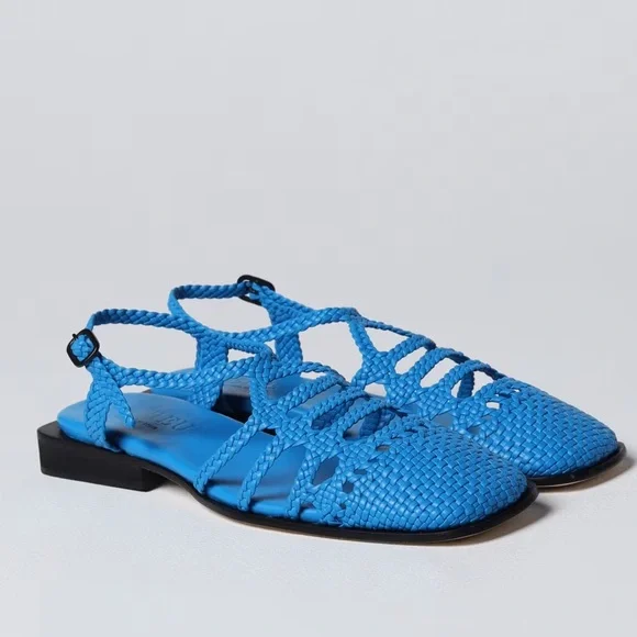 NWT Hereu Barana Woven Mules - Bright Blue Leather Flats - Picture 1 of 3